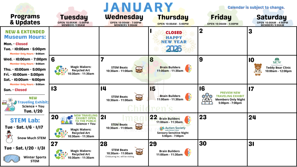 January Calendar at the Children's Imaginarium